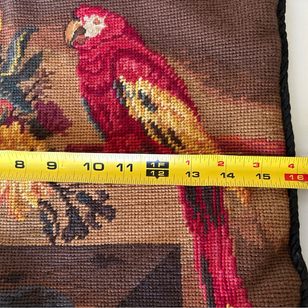 Katha Diddel Floral & Parrot Needlepoint Pillow Cover in Brown, Red, Yellow - Picture 2 of 5